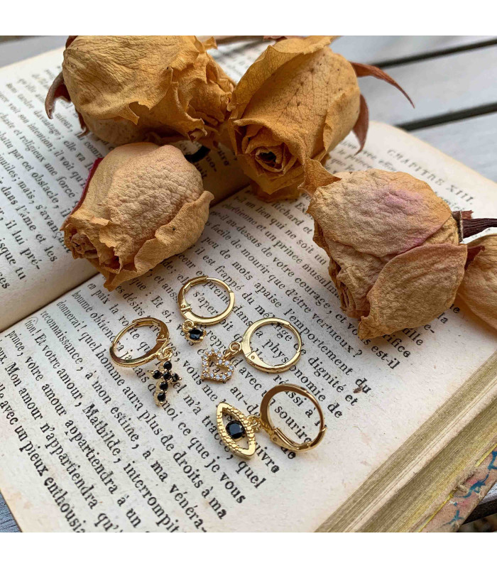 Boucle d'oreille Créole Pop Strass Noir